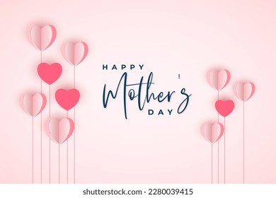 Happy mothers day background design with pink paper heart shape balloon