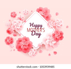 Happy Mothers Day background with flowers - vector illustration - pink background