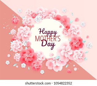 Happy Mothers Day background with flowers - vector illustration - pink cake background