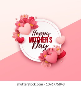 Happy Mothers Day background with flowers and hearts. Vector illustration