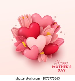 Happy Mothers Day background with flowers and hearts. Vector illustration