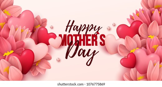 Happy Mothers Day background with flowers and hearts. Vector illustration