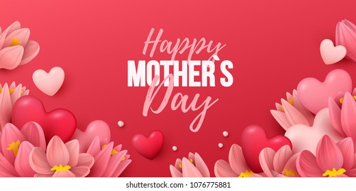 Happy Mothers Day background with flowers and hearts. Vector illustration