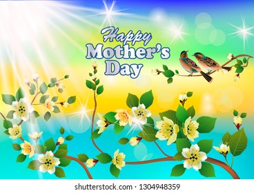 Happy Mother's Day background with flowers on the tree, two birdies.