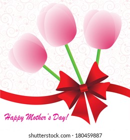 Happy mother's day background with flowers and bow on the white phone with spirals