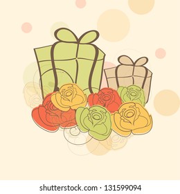 Happy Mothers Day background with gift boxes and flowers.