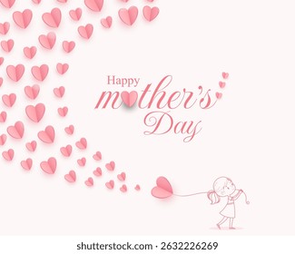 Happy mother's day background. Mothers day greeting card with paper flying hearts and child. vector illustration for sale, card, poster, template, label, web banner, cover design etc.