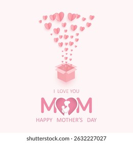 Feliz dia das mães. Cartão comemorativo do dia das mães com coração voador de papel e caixa de presente no fundo rosa. ilustração vetorial para venda, cartão, cartaz, modelo, etiqueta, banner web, design de capa