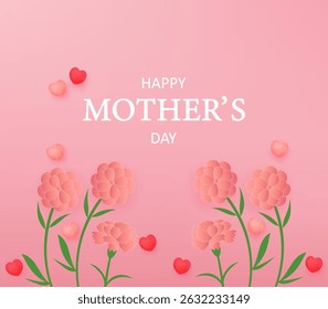 Feliz dia das mães. Cartão comemorativo do dia das mães com coração voador de papel e flores em fundo rosa. ilustração vetorial para venda, cartão, cartaz, modelo, etiqueta, banner web, design de capa