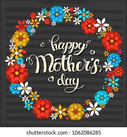 Happy Mother's Day. Background with  hand drawn lettering and wreath of flowers. Banner, flyer, brochure. Greeting Background for postcards, websites