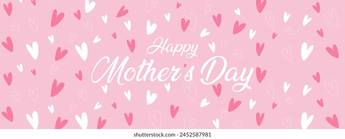 Happy Mothers day background with hand drawn hearts on pink background. Vector banner, postcard, background. Vector EPS 10