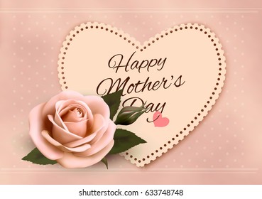 Happy Mother's Day background with a heart-shaped card and pink rose. Vector.