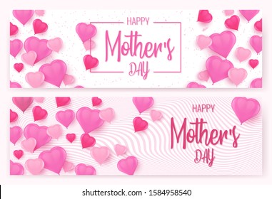 Happy Mothers day background layout with pink heart shaped balloons for banners, social media, wallpaper, flyers, invitation, posters, brochure. Vector illustration template.