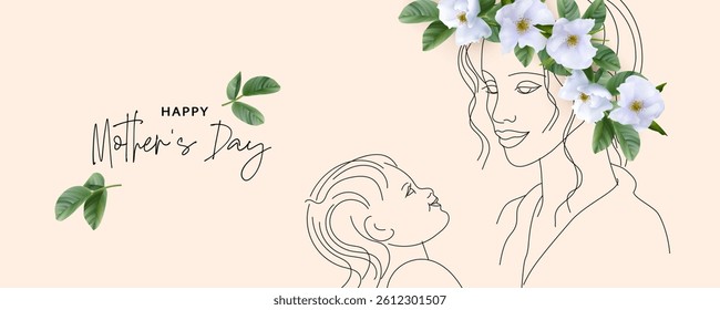Happy Mothers Day background. Line drawing of mother and child in modern minimalist style. Beautiful white flowers and green leaves form a wreath on the head of a young mother
