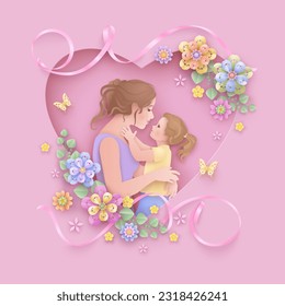 Happy Mothers day background. Mom hugs her daughter, abstract flowers and butterflies on a pink backdrop. Layered paper cut style
