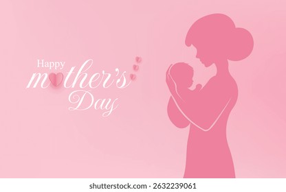 Happy mother's day background. Mum hugs baby. Mothers day greeting card on pink backdrop. vector illustration for sale, card, poster, template, label, web banner, cover design etc.