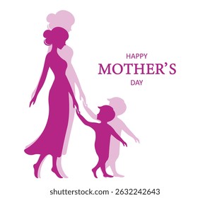Feliz dia das mães. Mãe segurando a mão da criança. Cartão de saudação de dia das mães. ilustração vetorial para venda, cartão, cartaz, modelo, etiqueta, banner web, design de capa etc.