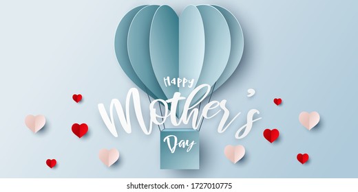 Happy Mother's Day background with paper cut design blue heart shape hot air balloons flying. Vector illustration for website, posters, coupons.