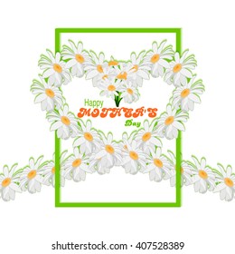 Happy Mothers Day background. Tape from daisies in form of heart and green frame on white background. Vector illustration.