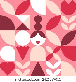 Happy Mothers Day background. Trendy geometric shapes with circles, carnation, flower and heart in retro style for mom. Abstract bauhaus primitive vector illustration