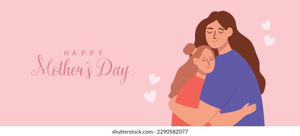 Happy mother's day background vector. Cute family wallpaper design with mom hugging kid, flowers. Mother's day concept illustration design for cover, banner, greeting card, decoration.