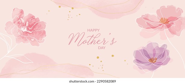 Feliz día de la madre vector de fondo. Cubierta acuática de diseño de papel de pared floral con flores silvestres coloridas, hojas. Diseño de ilustración de concepto del día de la madre para cubierta, banner, tarjeta de saludo, decoración.