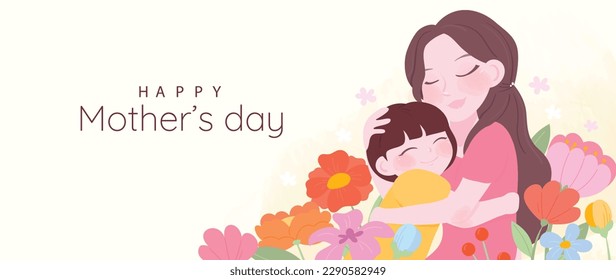 Happy mother's day background vector. Cute family watercolor wallpaper design with mom hugging kid, flowers. Mother's day concept illustration design for cover, banner, greeting card, decoration.