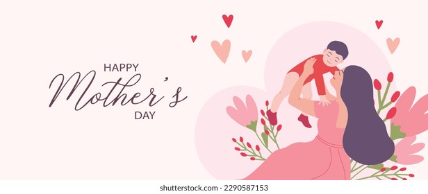 Feliz día de la madre vector de fondo. Cuidado diseño de papel pintado de acuarela familiar con mamá sosteniendo niños, flores. Diseño de ilustración de concepto del día de la madre para cubierta, banner, tarjeta de saludo, decoración.