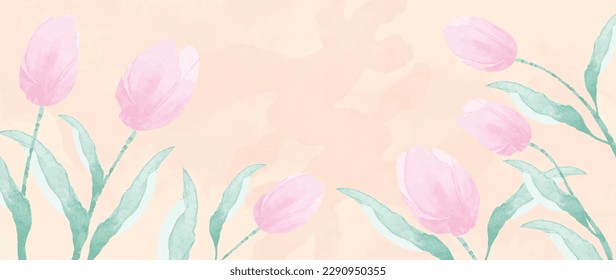 Happy mother's day background vector. Watercolor floral wallpaper design with pink tulip flowers, leaves. Mother's day concept illustration design for cover, banner, greeting card, decoration.