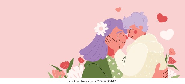 Happy mother's day background vector. Cute family wallpaper design with mom hugging kid, flowers. Mother's day concept illustration design for cover, banner, greeting card, decoration.