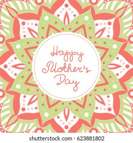 Happy Mothers Day background vector. Spring bright floral pattern print with frame and lettering text for holiday web banner, greeting card for mom or poster templates design.