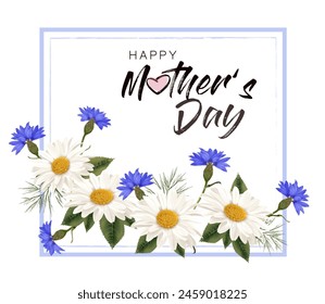 Happy Mother's Day background with a white daisy and blue cornflowers. Vector.