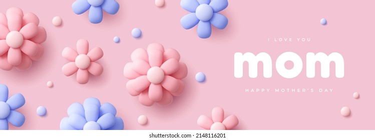 Happy Mother's Day banner with 3d flowers decor. Vector illustration.