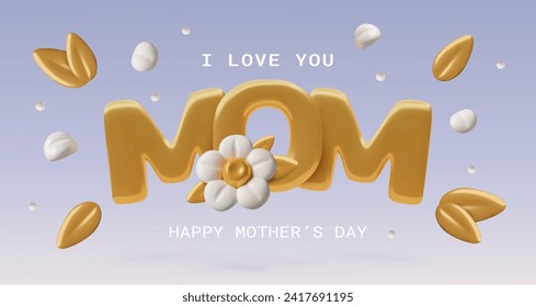 Happy Mother's Day banner with 3D mom word decorated with flowers and leaves on purple gradient background. Three dimensional vector illustration.