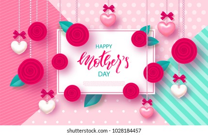 Happy Mother's Day - banner. Beautiful Background with hearts, roses and bows. Vector Illustration