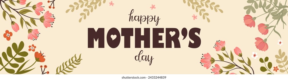 Happy Mother's day banner with beautiful hand drawn flowers, greenery in pastel colors and trendy typography. Romantic flat vector design for header of website, poster, social media.