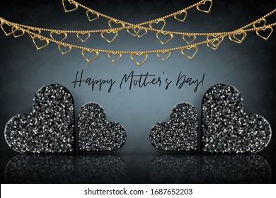 Happy Mothers Day banner. Black hearts with glitter, golden garland on dark background. Holiday greeting card. Vector illustration.