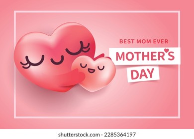 Happy Mother's day banner with cartoon style heart on pink background. Vector illustration.