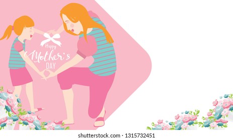Happy mother's day banner. Child daughter congratulates mom with dancing, playing, and hands showing heart shape symbol. Colorful vector illustration flat design style. Copy space for text. - vector