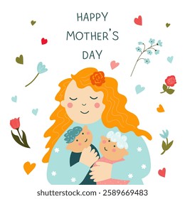 Happy Mother's Day banner. Colorful vector illustration with mother, children and flowers .