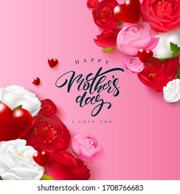 Happy mother's day banner. Design template with peonies and red hearts on  pink background. Vector illustration for flyer, postcard, banner, invitation.