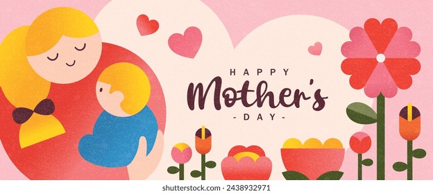 Happy Mother's Day banner design with mother holding baby in arms and beautiful flowers background.