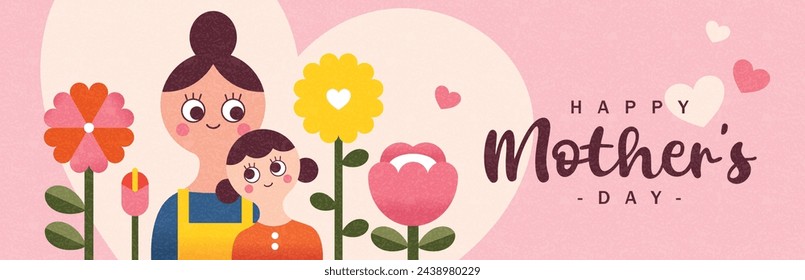 Happy Mother's Day banner design with mother, daughter and beautiful flowers background.