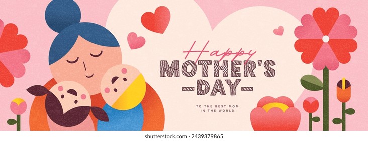 Happy Mother's Day banner design with mother hug her kids and beautiful flowers background.