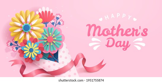 Happy Mother's Day banner, designed in paper folding style on pink background. The bouquet wrapped with dotted paper.