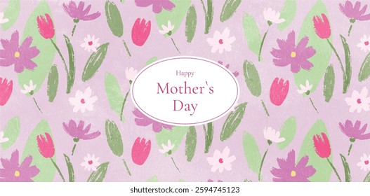 Happy Mother's Day banner with floral background and elegant oval frame. Hand-drawn flowers including daisies, tulips, and cosmos in pastel colors. Vector flat illustration for greeting cards, social