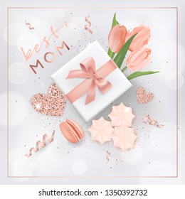 Happy Mothers Day Banner with Flowers. Mother Day Design with Golden Glitter Elements, Gift Box for Greeting Card, Flyer, Poster Sale Template. Vector illustration