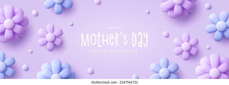 Happy Mother's Day banner with flowers decor. 3d vector illustration.