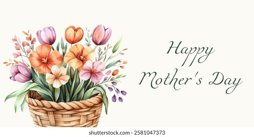 Happy Mother's Day banner with flowers. Watercolor basket with spring flowers and Mother's Day greeting. Romantic spring card for mom. Vector illustration.