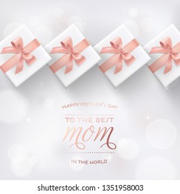 Happy Mothers Day Banner with Gift Box. Mother Day Greeting Card with Calligraphy Text and Presents for Advertising, Spring Sale, Poster, Flyer, Brochure. Vector illustration